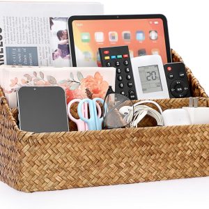 BTSKY Woven Storage Basket Natural Seagrass Vertical Wicker Storage Baskets with 4 Compartments Desk Organizers and Storage Magazine File Holder Home Office Supplies Sorter Rack, Caramel
