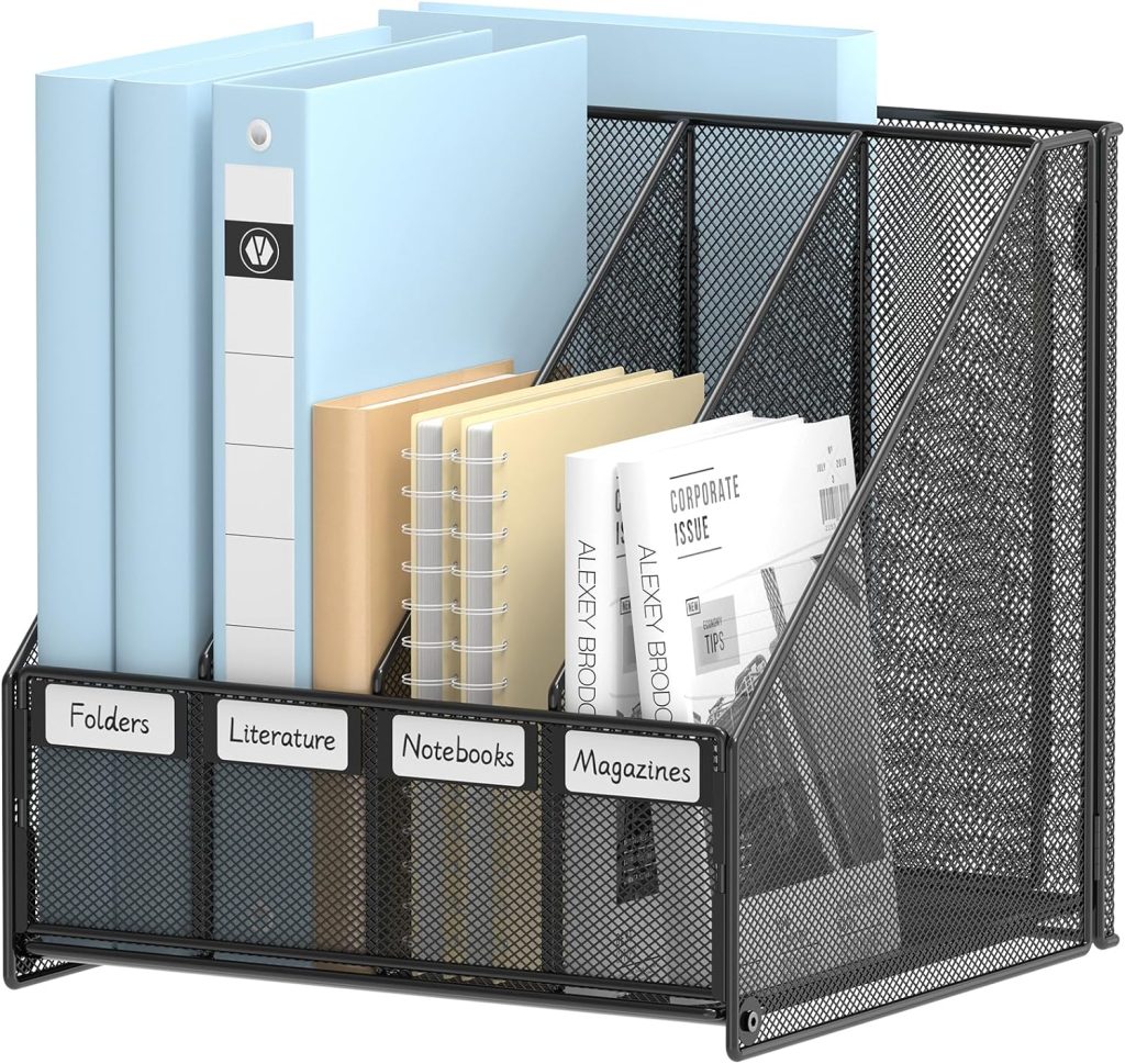 Magazine File Holder with 4 Vertical File Sorters, Desk File Organizer Book Binder Holder Rack, Black