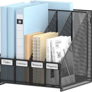 Magazine File Holder with 4 Vertical File Sorters, Desk File Organizer Book Binder Holder Rack, Black