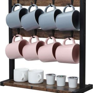 OROPY Wooden Coffee Mug Holder Stand for Kitchen Counter, Rustic Mug Rack for 16 Coffee Cups with Stable Wood Base, Vintage Dark Brown