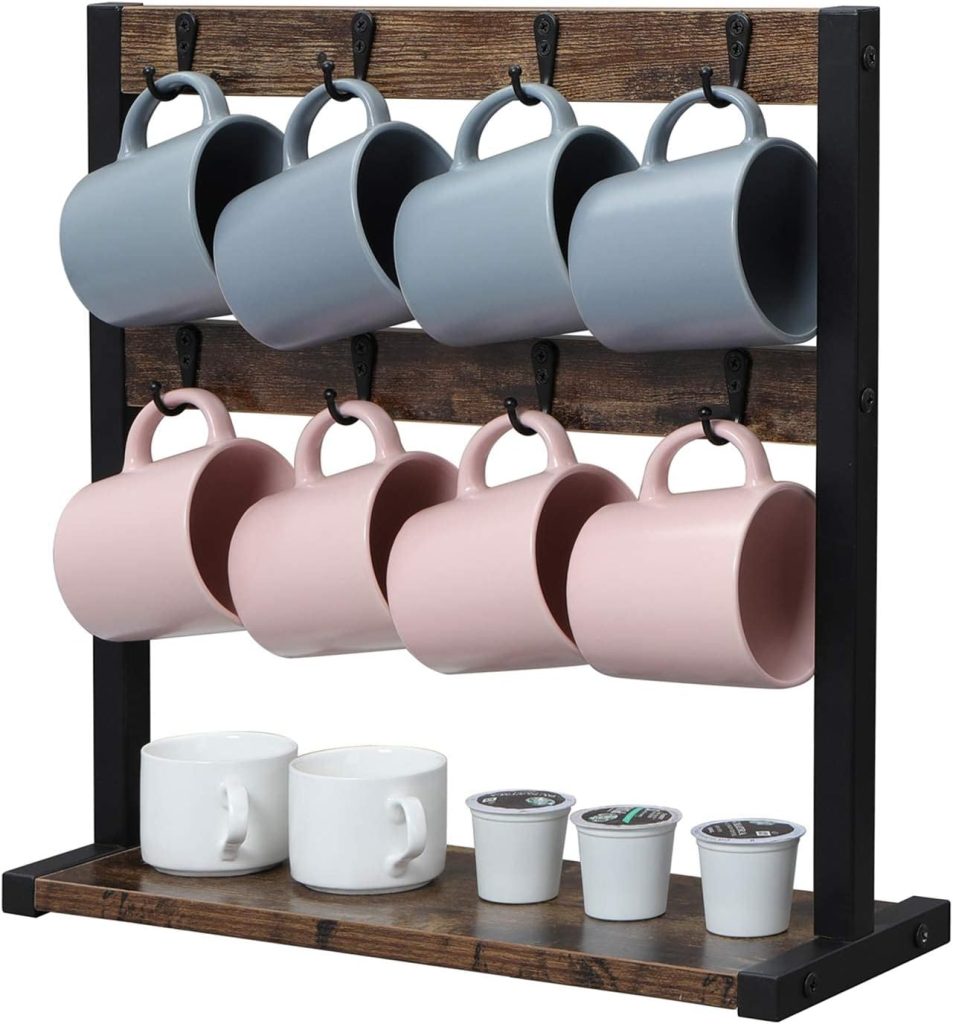 OROPY Wooden Coffee Mug Holder Stand for Kitchen Counter, Rustic Mug Rack for 16 Coffee Cups with Stable Wood Base, Vintage Dark Brown