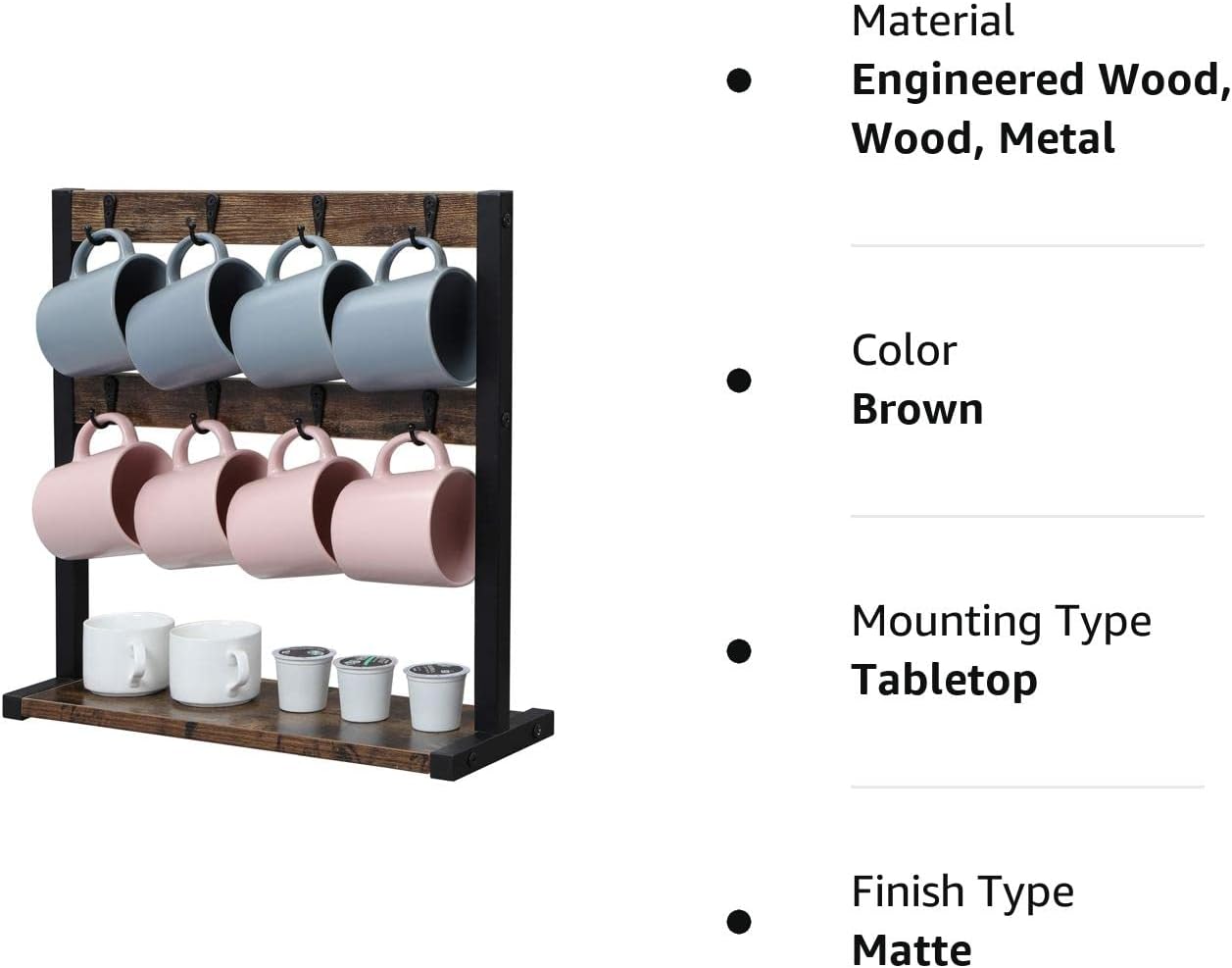OROPY Wooden Coffee Mug Holder Stand for Kitchen Counter, Rustic Mug Rack for 16 Coffee Cups with Stable Wood Base, Vintage Dark Brown - Image 8