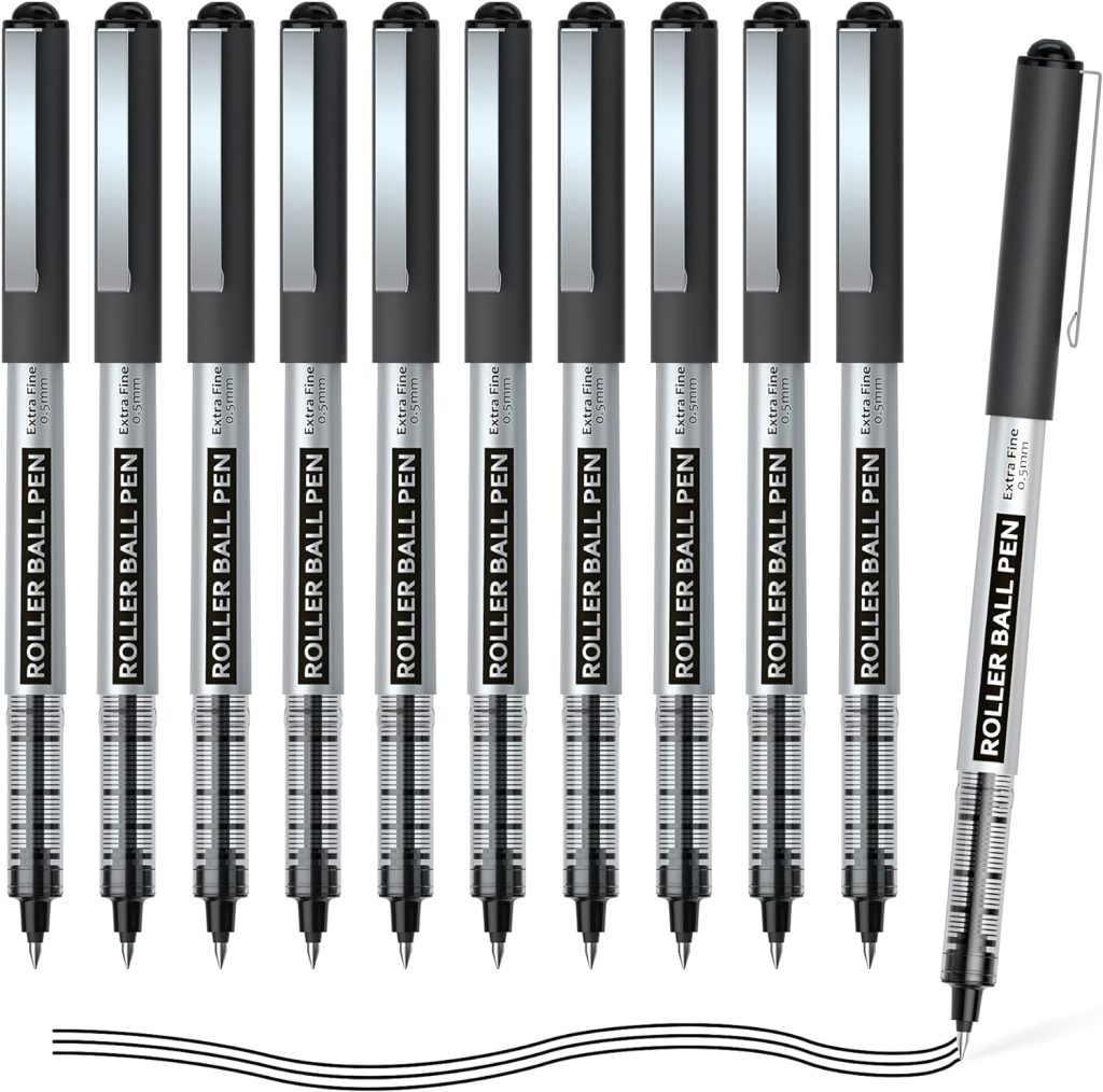 Shuttle Art Rollerball Pens, 10 Pack Black Liquid Ink Pens, 0.5mm Extra Fine Point, Quick Drying for Writing Journaling Taking Notes School Office