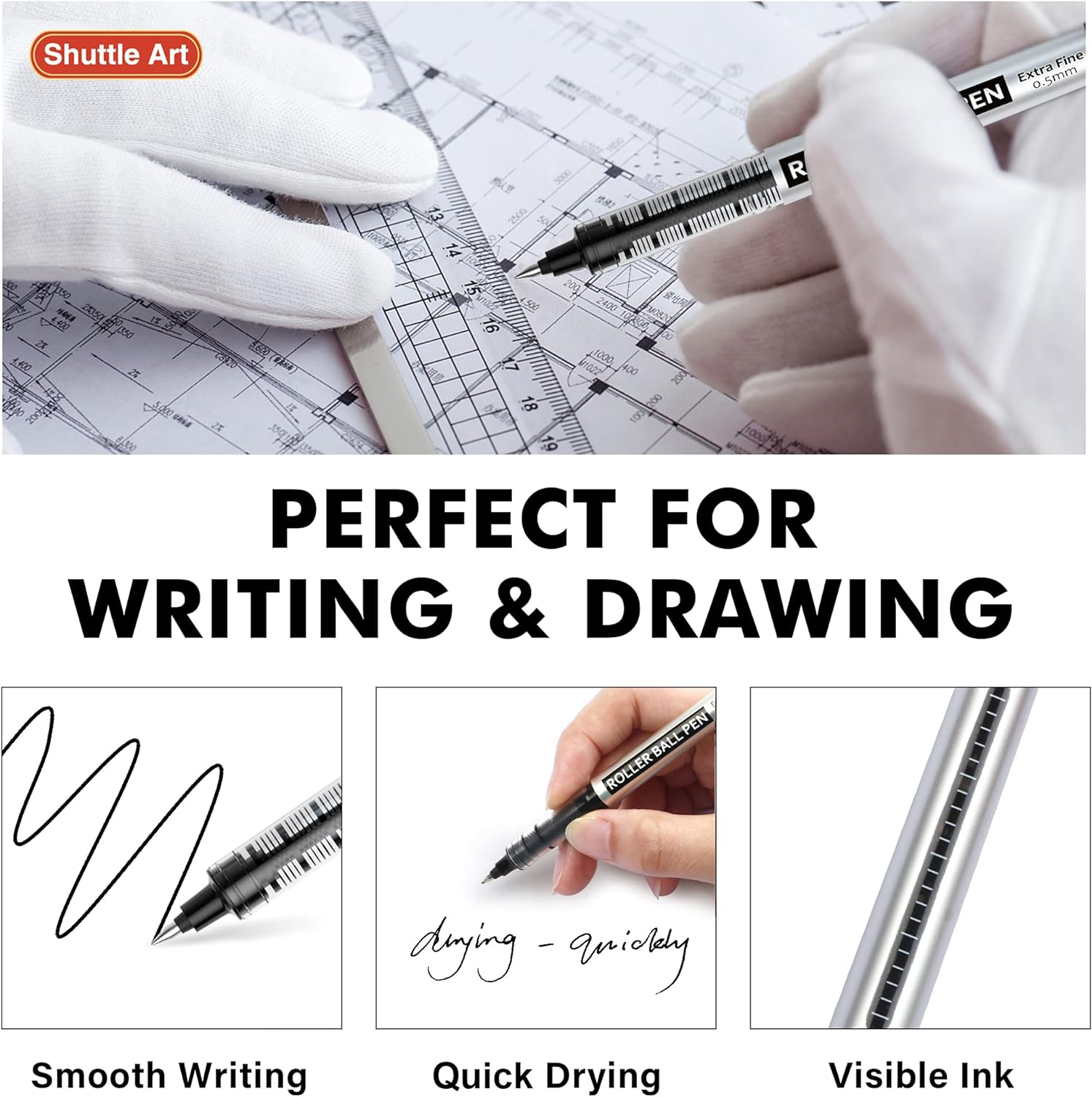 Shuttle Art Rollerball Pens, 10 Pack Black Liquid Ink Pens, 0.5mm Extra Fine Point, Quick Drying for Writing Journaling Taking Notes School Office - Image 4